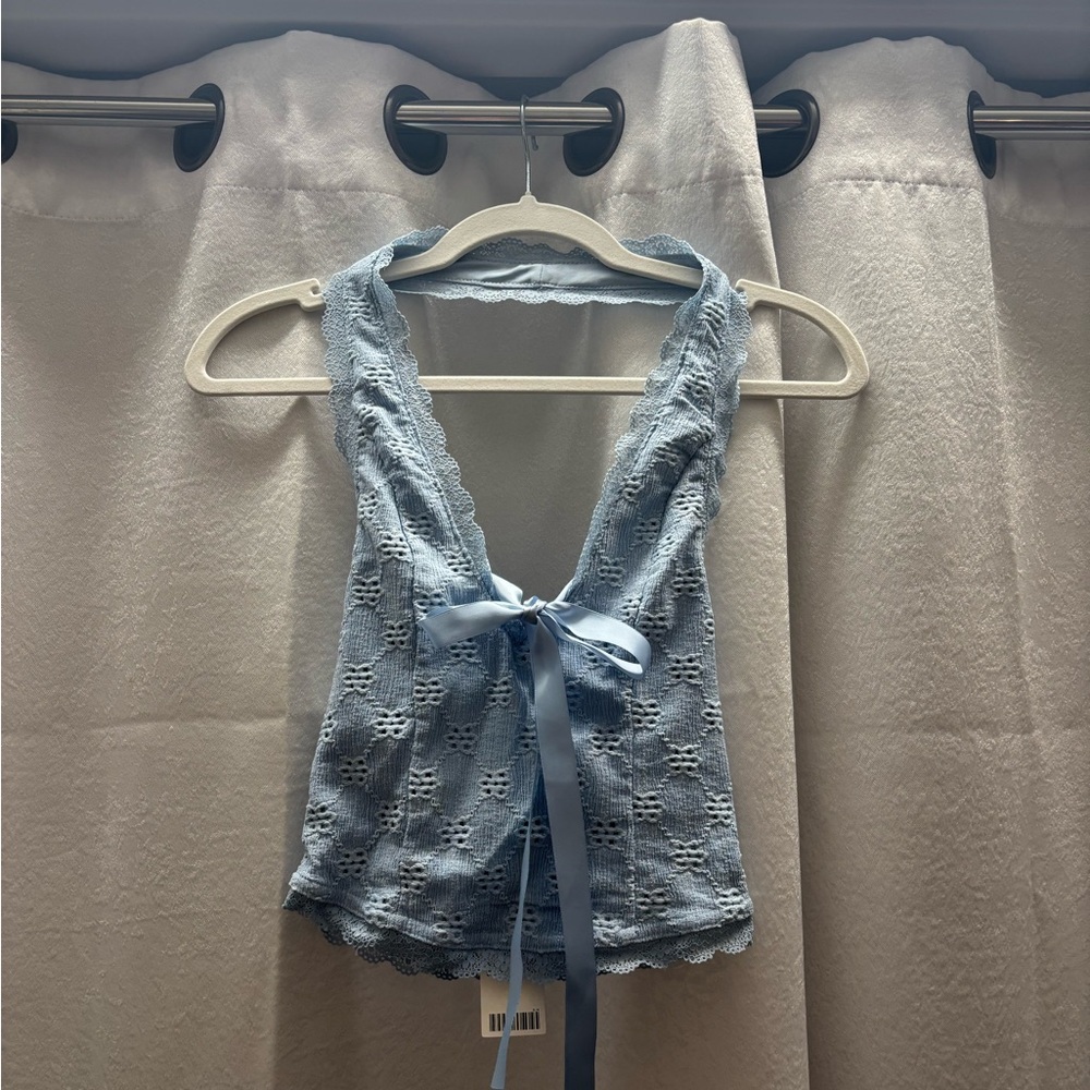 Lace Halter Top with Ribbon Tie